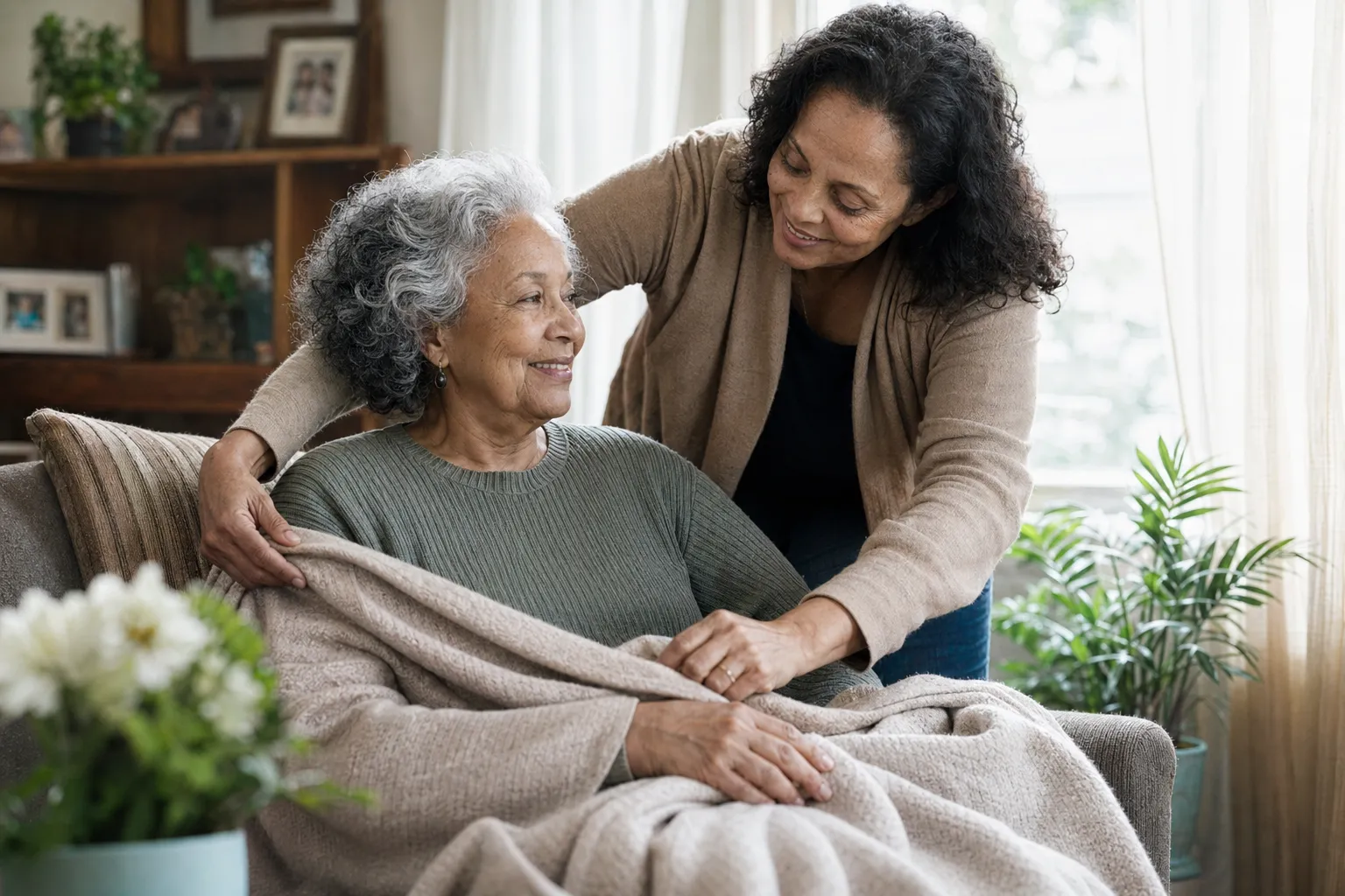 A daughter gently helping her elderly mother with a blanket in a sunlit living room
